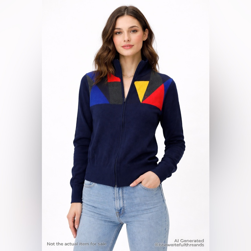 Louis Philippe Small (tagged M) Colourblock Wool Blend Zip Cardigan